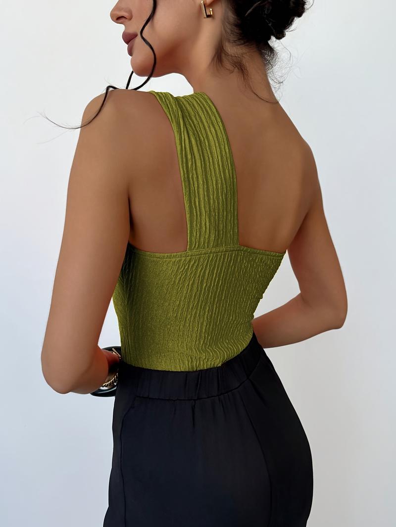 Elegance One Shoulder Twist Front Blouse, Lime Green - Sleeveless, Ribbed Knit, Women's Slim Fit Design - Ideal for Holidays and Parties, Machine Washable