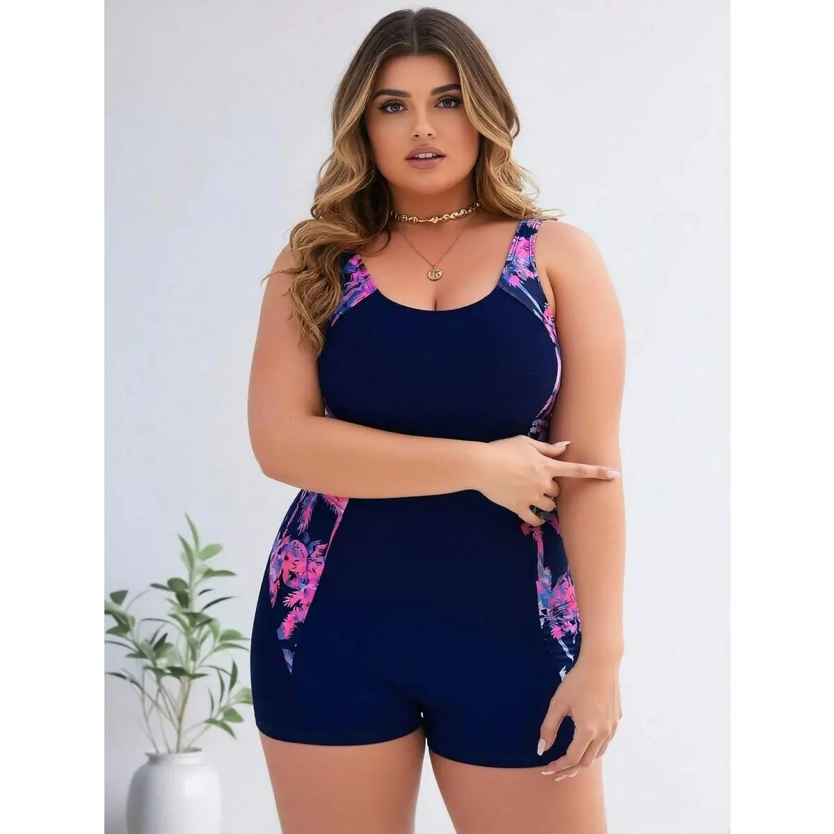 Plus Size Navy Blue Palm Print Boyleg Swimsuit, Racerback Tummy Control Bathing Suit