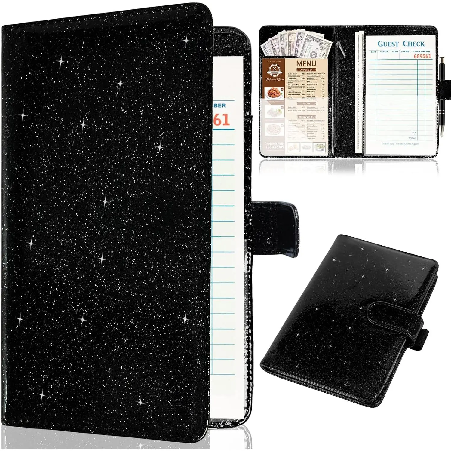 Glitter Black Synthetic Server Book for Waiters, Leather Desk Organizer with Zipper Pocket, Stylish Bling Cover, Pen Holder, Receipt Keeper, Apron Size Fit, Office Stationery Accessory