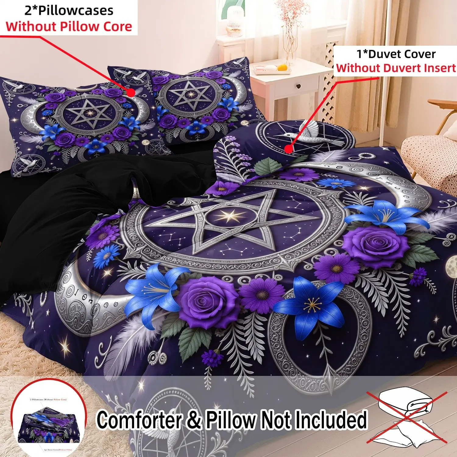 3 Pieces Dark Purple Pentagram Crescent Moon Floral White Bird Duvet Cover Set, Theme Bedding Set, Celestial Star Feather Occult Print Bedding, Soft Microfiber Spiritual Gothic Bedding, 1 Duvet Cover + 2 Pillowcases, No Comforter/Pillow