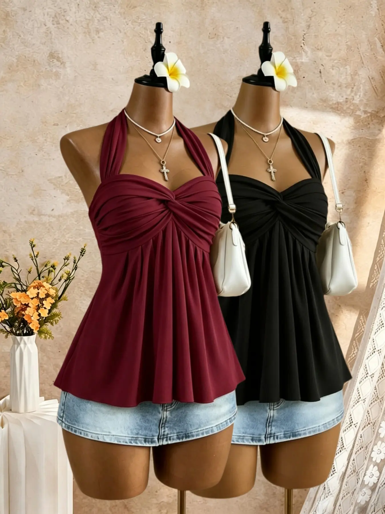 Boho Casual Feminine Halter Neck Top Set, Butterfly Knot Sweetheart Collar Sleeveless Shirt, Women's A-Line Ruffle Strap Backless Vest