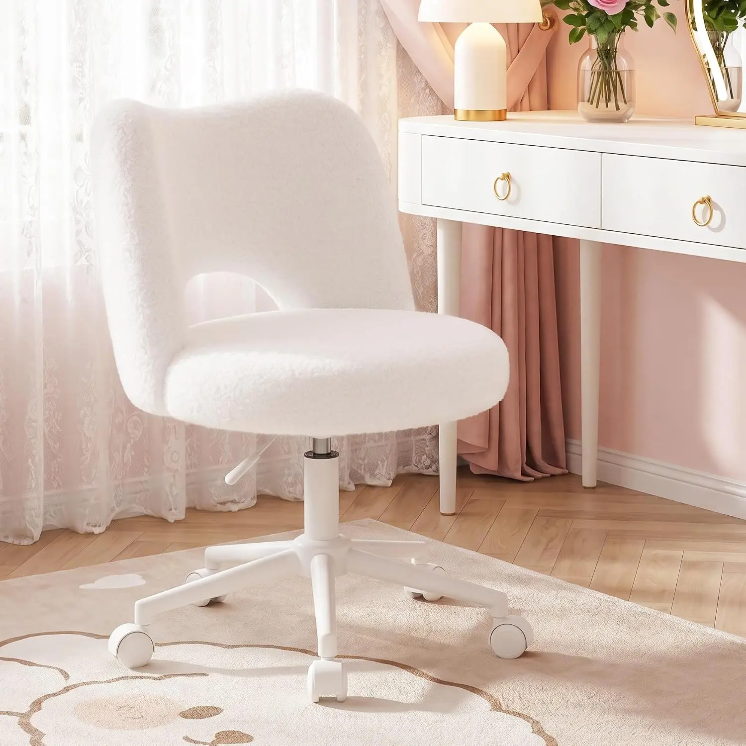 White Fluffy Teddy Fabric Vanity Chair - Open Back, Swivel, Height Adjustable, 300lb Capacity, Rolling Wheels for Makeup Room, Bedroom