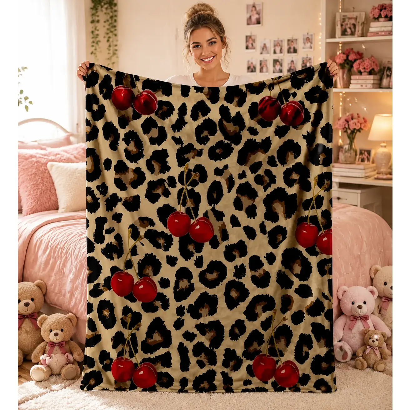 Cherry Leopard Print Flannel Throw Blanket, Cozy Soft Aesthetic Red Cherry Animal Pattern Blanket, Warm Decor Blanket for Bed Sofa Bedroom Dorm, Trendy Birthday Christmas Holiday Home Gift TikTok Viral Amazon Must Have