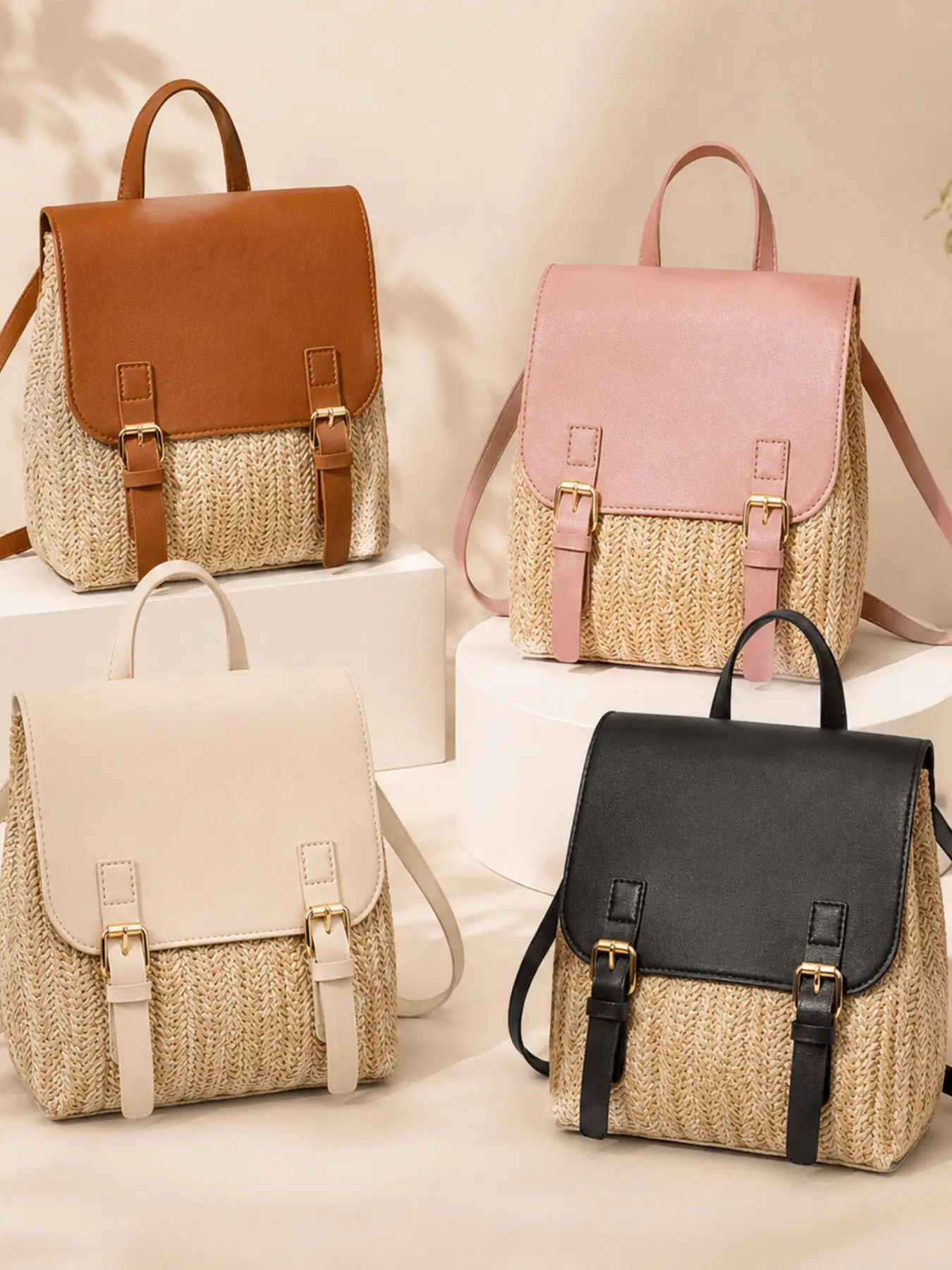 Women’s Woven Backpack Summer Straw Bag Casual Boho Travel Shoulder Bag Backpack Purse Lightweight Daypack Fashion Backpack