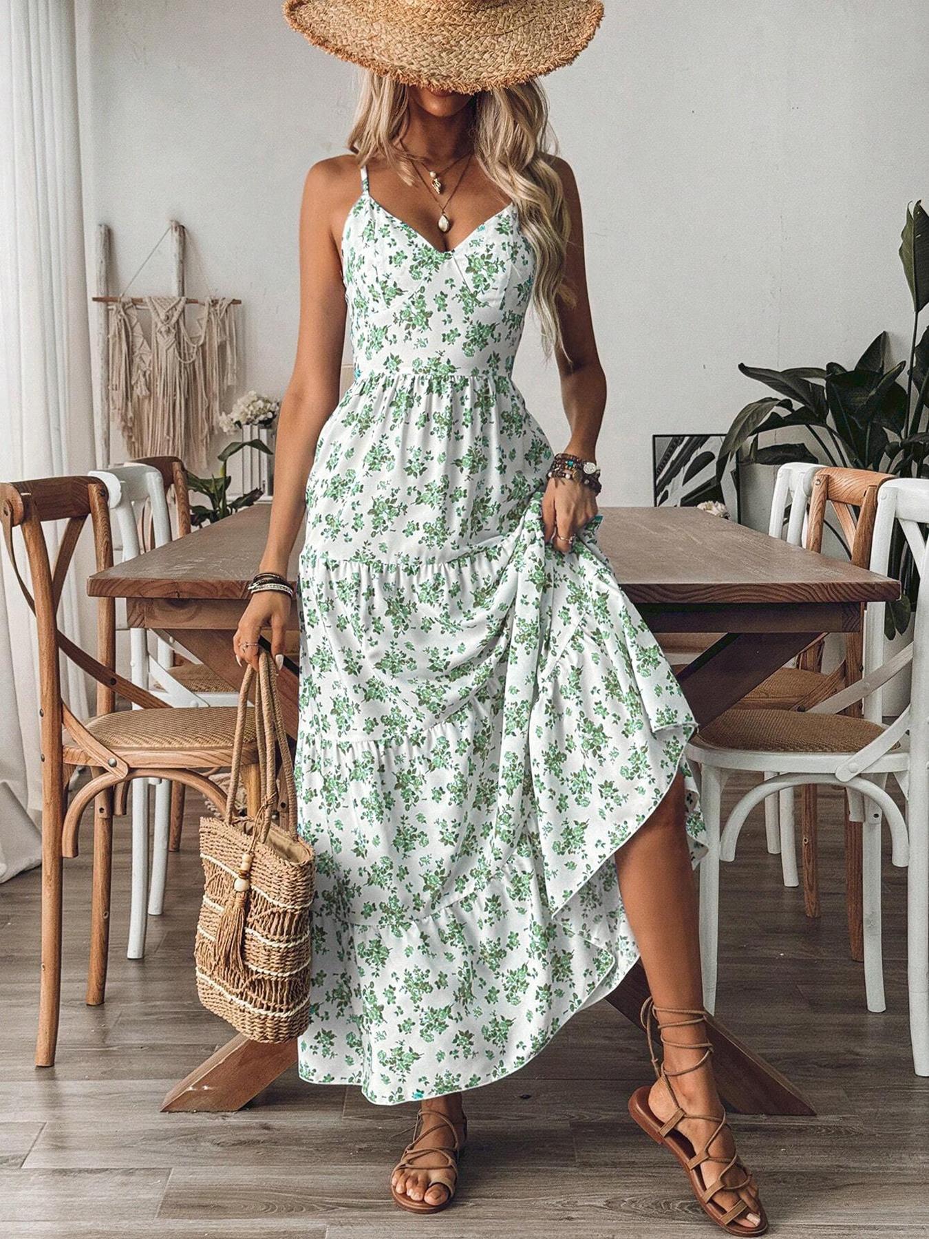 1pc Women's Floral Tiered Maxi Dress, Spaghetti Straps & Back Cutout Bow Detail & Flowy Tiered Skirt & Lightweight Material & Multiple Floral Patterns & Frill Ruffle Hem, Floral Print Dress