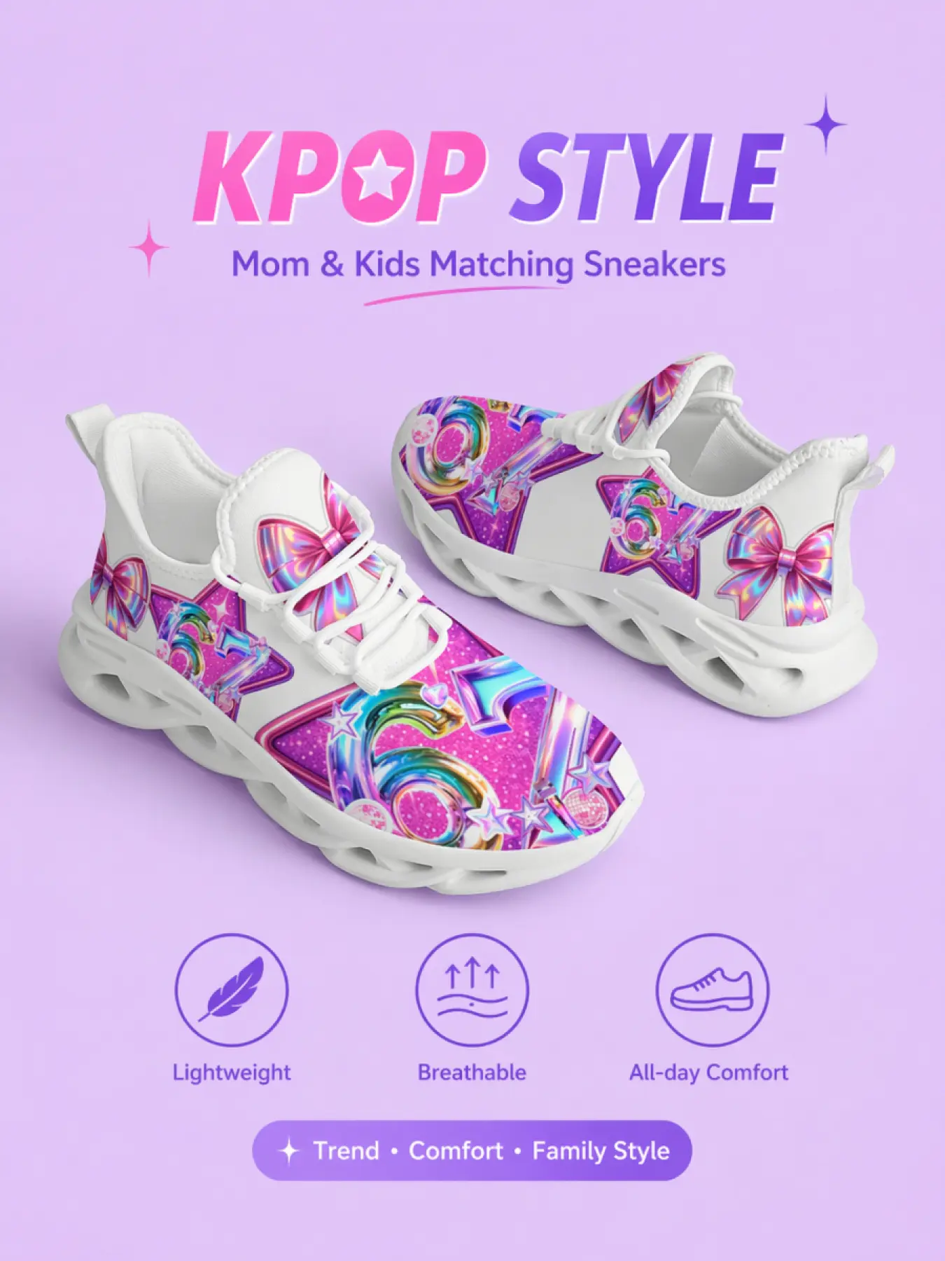 67 Shining Pentagram Pink Purple Cute Girl Bow Art Style Print Thick Sole Sneakers Unisex Personalized Trendy Wear Breathable Versatile For Daily Lace Up Running Shoes Man Woman Breathable Low Top Casual Sneakers Fashion Artistic Casual Trendy Trainers