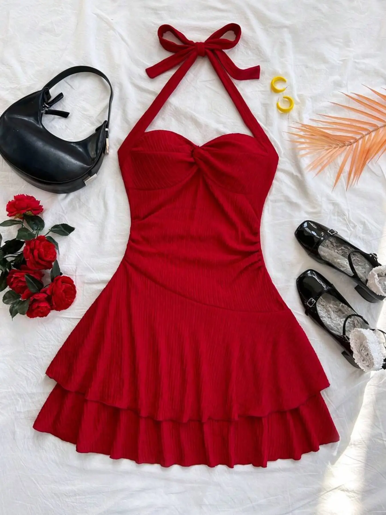 Sexy Mini Dress with Backless Design, Neck Tie, Pleated Hem, Double Layer, Perfect for Parties, Dates, Valentine's Day, Summer Wear