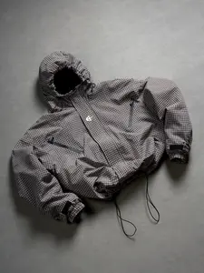 2026 New Arrival Men Vintage Tiny Plaid Techwear Windbreaker Hoodie Jacket Full Check Print Drawstring Hood Hem Magic Tape Cuff Water Resistant Short Loose Outerwear Red Brown Black White Multi Colors City Camping Daily Spring Fall Casual Street Outfit