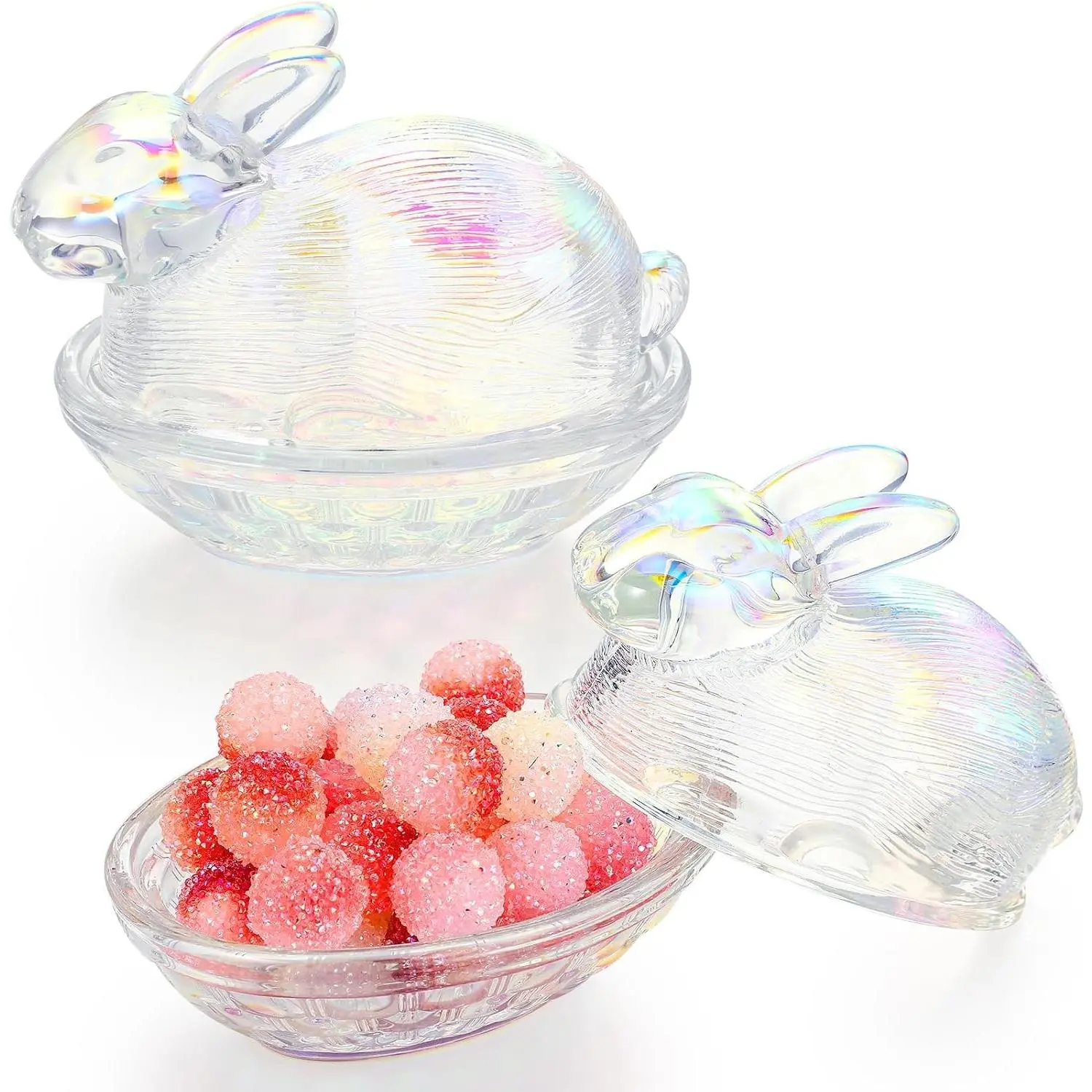 2 Pieces Easter Glass Candy Dish with Lid Covered Candy Bowl Bunny Jar Servers for Easter Holiday Office Home Kitchen Table Desk (Iridescent)