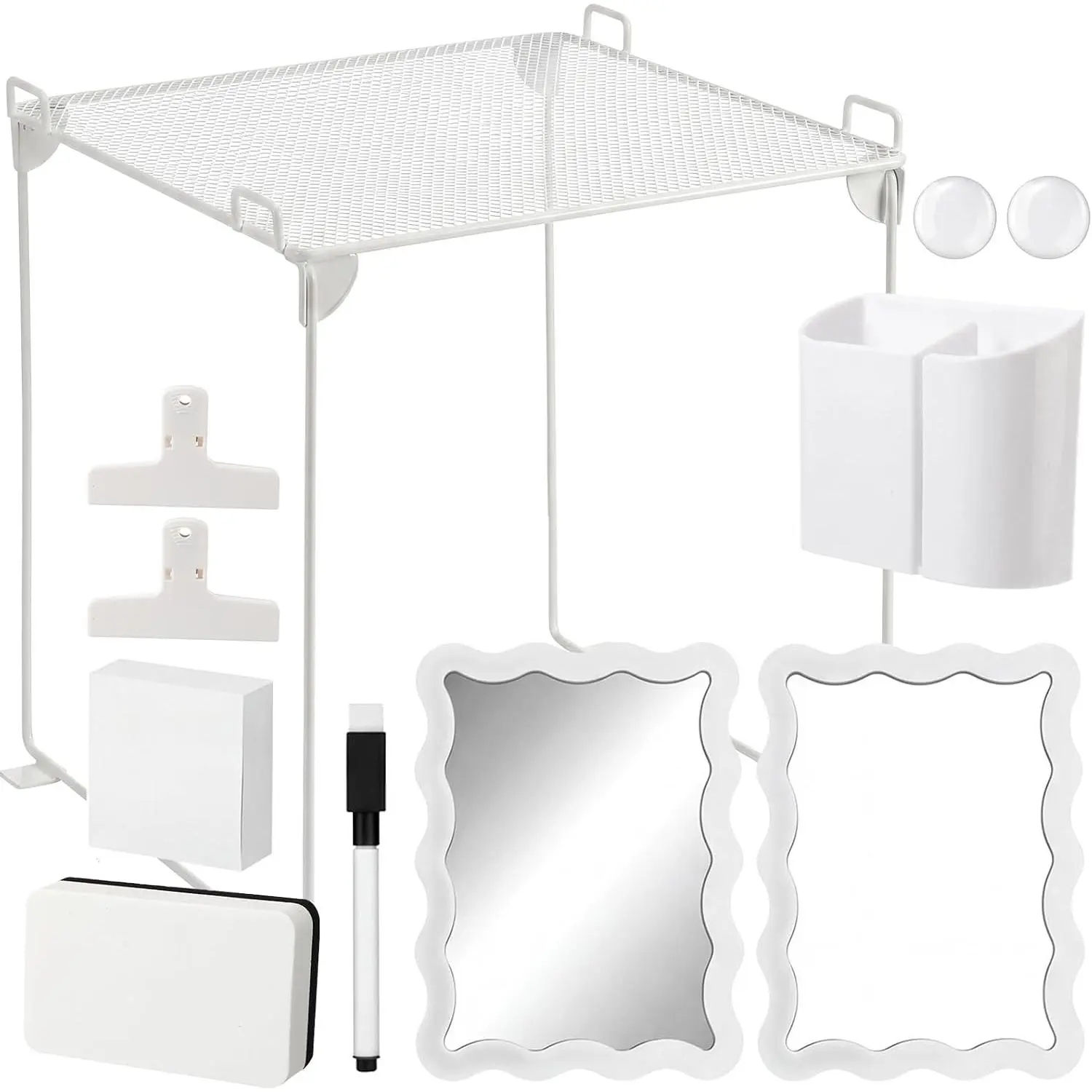 12 Pcs White Locker Accessories Kit with Locker Shelf Magnetic Mirror Magnetic Pen Holder Whiteboard Marker Eraser Clip Magnet Sticky Note Back to School Essentials Organizer Supplies