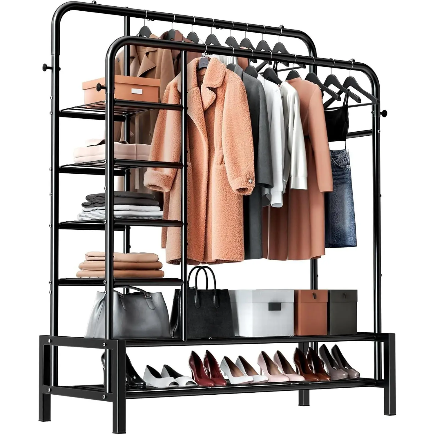 Clothes Rack, Double Rods Clothing Rack with 2 Bottom Shelves & 4 Side Shelves, Metal Garment Rack for Hanging Clothes, Heavy Duty Clothes Rack for Bedroom, Laundry, Living Room, Black