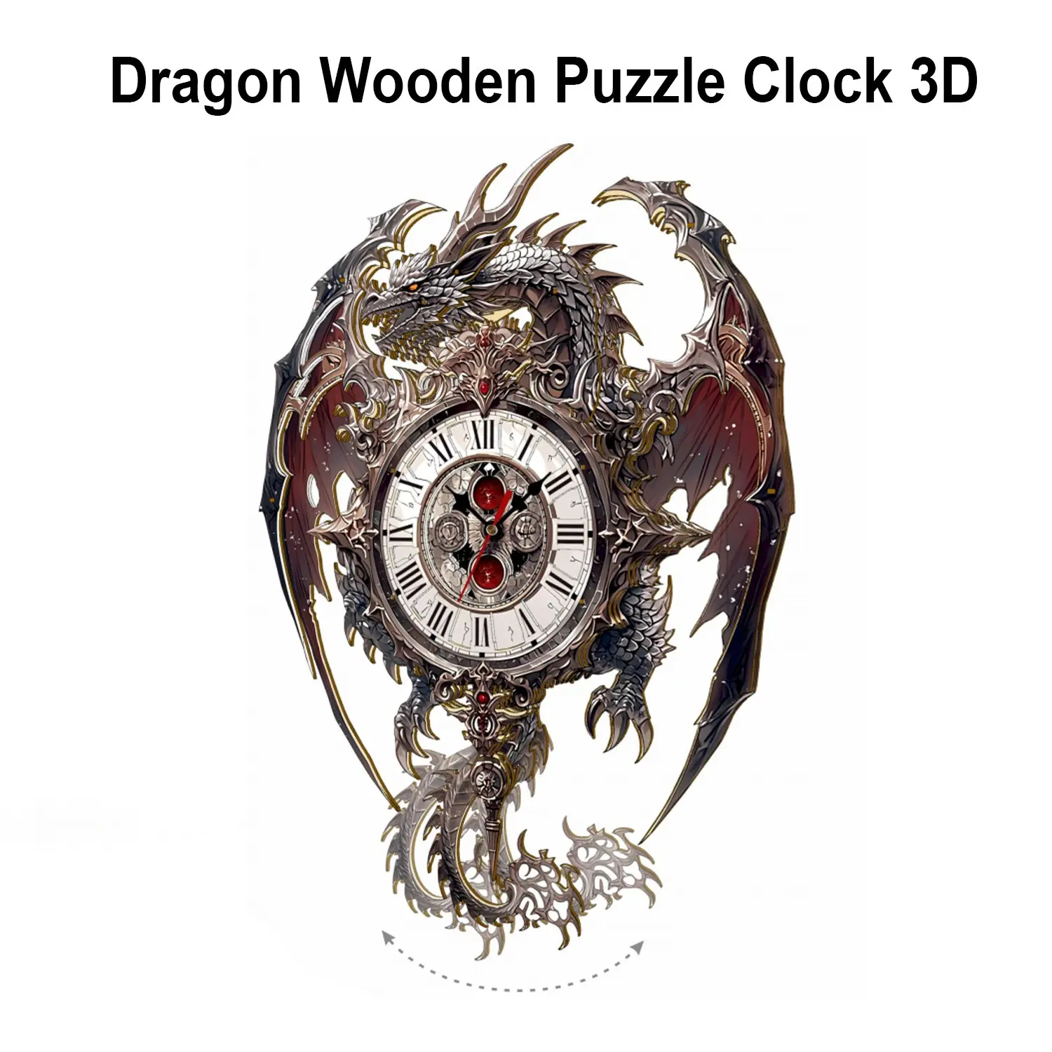 Dragon Adult 3D Wooden Puzzle Wall Clock, DIY Laser Cut Assembly Kit, Home Decor Gift, Unique Family Wall Clock, Men's Birthday Present
