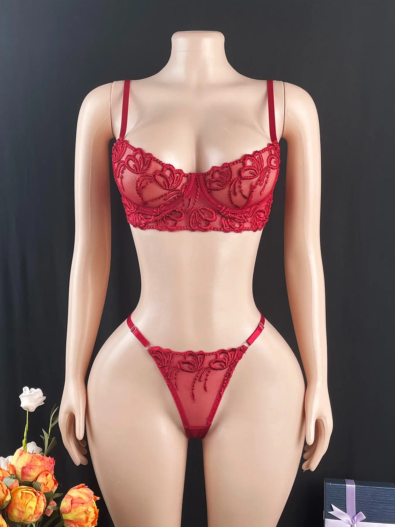 Women's Underwear Set, Bra Sets with Underwire and Thong, Sheer Mesh Embroidered Lingerie, Sexy Sleepwear, Elegant Nightwear, Gift for Boyfriend, Clothing