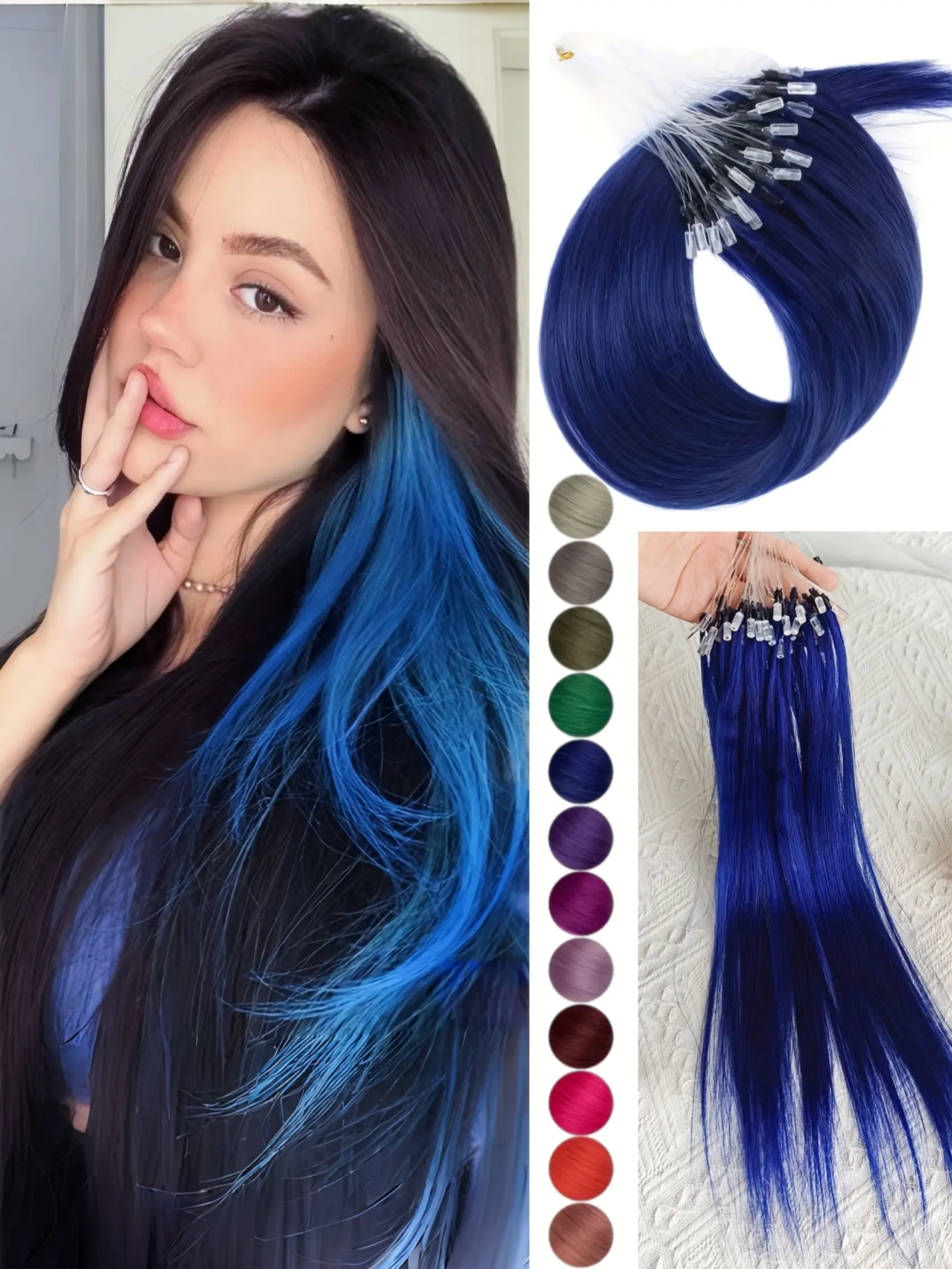 Colorful Micro Loop Human Hair Extensions, 30g Pack of 50, Shades of, Blue, 12-50.8cm, Perfect for Parties and Weddings