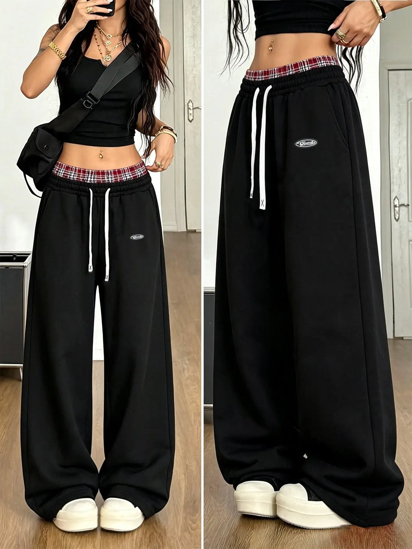 Women's Regular Fit Drawstring Sweat Pants, Contrast Plaid Waist Loose Trousers, for Casual Daily Streetwear