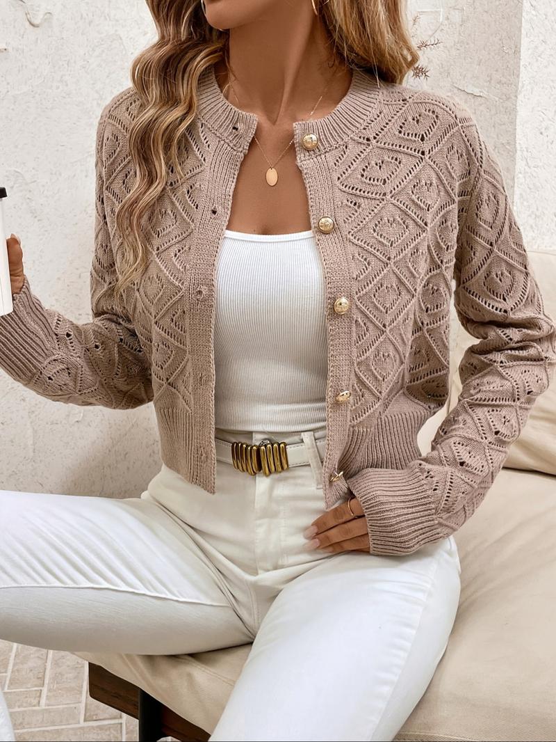 Women's Solid Color  Button Front   Sweater Cardigan, Elegant Casual Long Sleeve Knit Cardigan for Daily Outdoor Wear, Women Knitwear for Fall & Winter, Tops