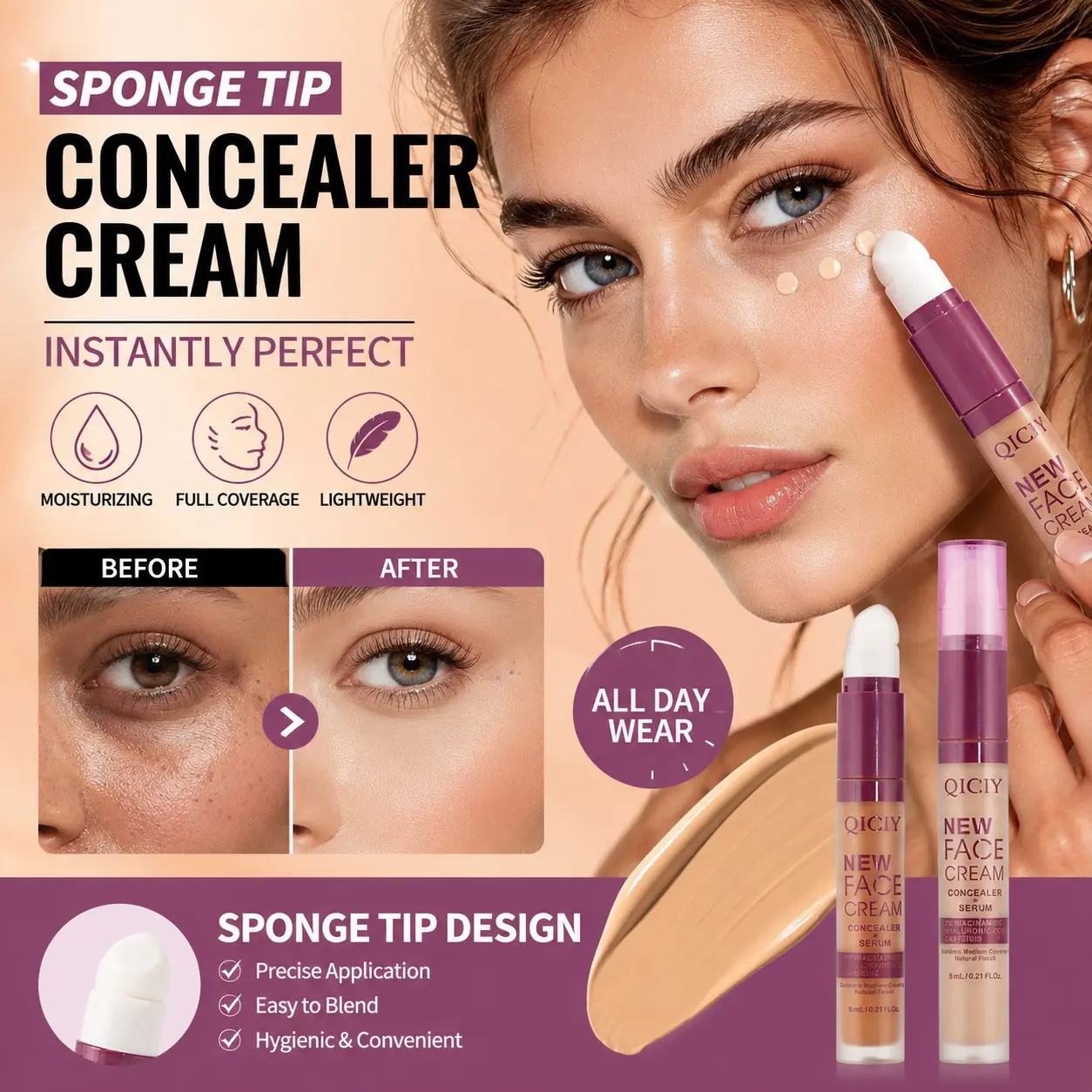 QICIY Multi-color Concealer Liquid, Lightweight Concealer, Full Coverage, antioxidant long lasting no cakey texture, hydrating smooth non-cracking, skin-friendly non-clog pores, suitable for dry and oily skin