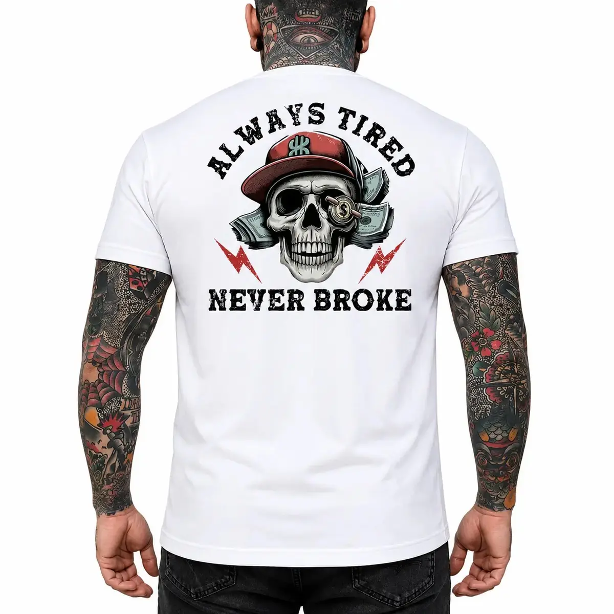 Men's Graphic T-Shirt, "Always Tired Never Broke" Casual Print, Soft Cotton Short Sleeve Streetwear Fashion Apparel, Graphics, Shortsleeve, Mens Clothing, T Shirts