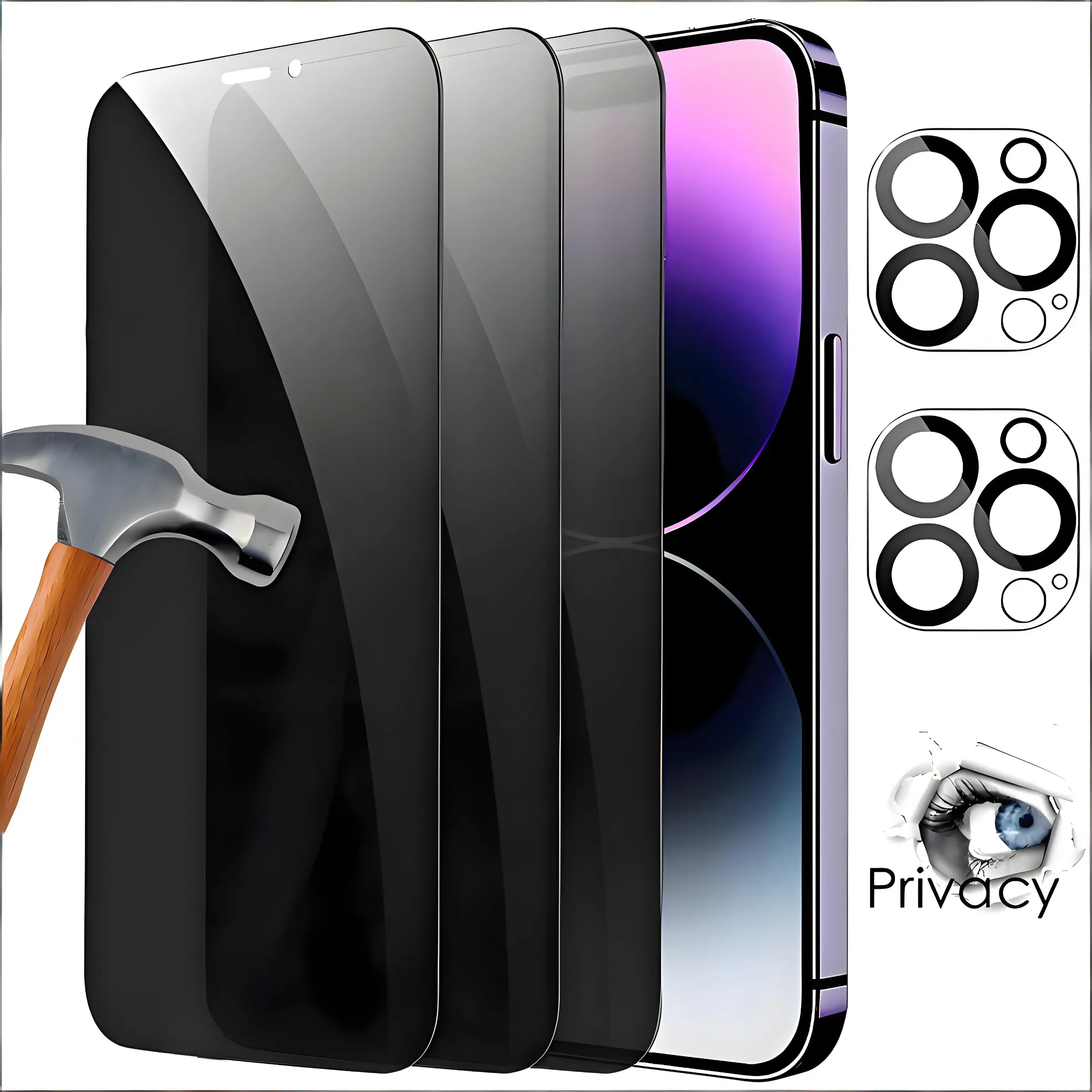 5in1 Privacy Tempered Glass Screen Protector Set for Iphone 11/13/14/12/15 Pro Max 16 17 Pro Max - 3 PCS with 2 PCS Camera Lens Protectors