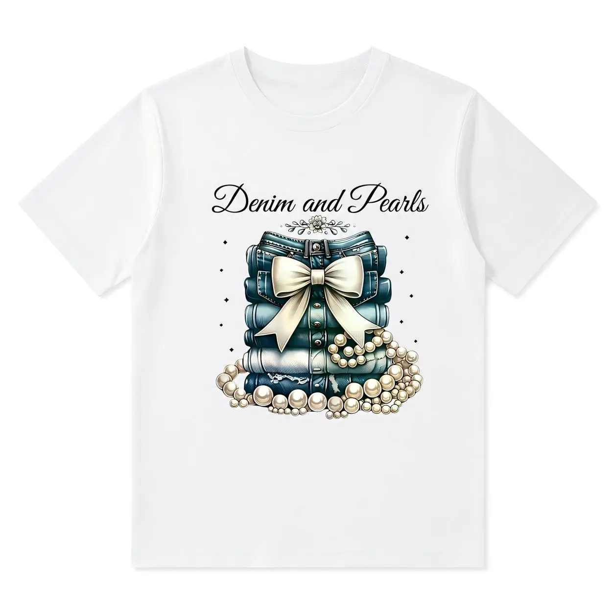 Women's Denim Pearl Print Crew Neck Short Sleeve Shirt  Casual and stylish top, fashionable women's clothing, ideal for birthdays and holiday gifts, a summer must-have.