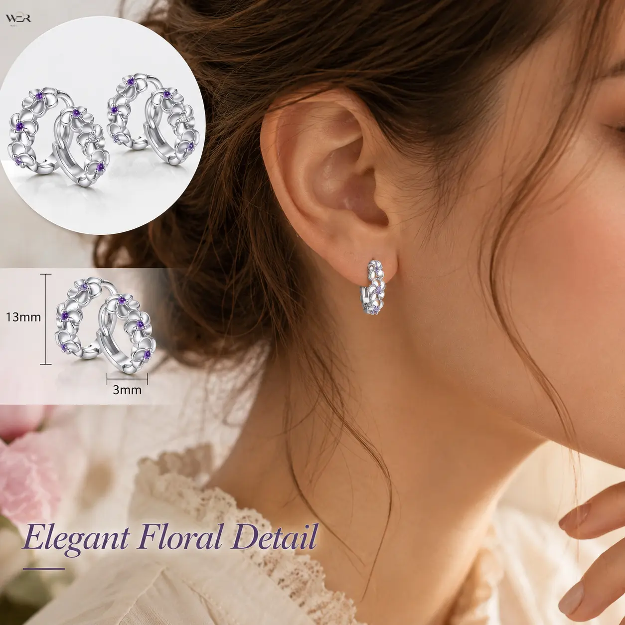 Mini Floral Plumeria Huggie Hoop Earrings, 13mm Silver Copper Small Flower Click Hoops, 2 Options Clear & Purple CZ Gemstone Dainty Tiny Loop Jewelry, Spring Elegant Daily Stack Gift for Women Girls