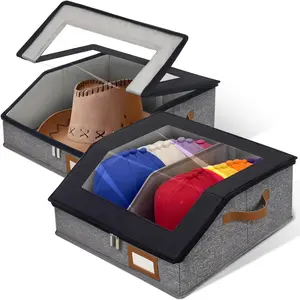 2-in-1 Hat Organizer for Baseball Caps Holds 48-60 Caps Hat with Divider Stackable Hats Holder for Closet with Clear lid Hat Box for Men 2 PCS Black and Grey