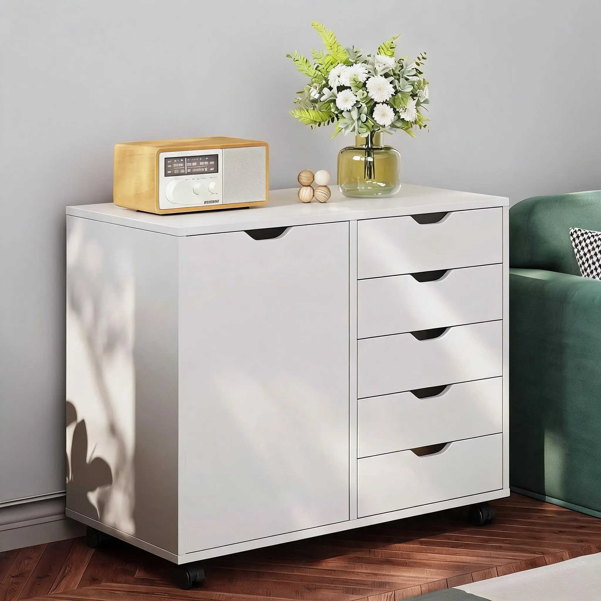 White WPC Rolling Printer Stand with 5 Drawers & Closed Storage Cabinet, Lockable Casters Waterproof Scratch Resistant Mobile Filing Organizer, Heavy Duty Under Desk Storage Chest for Home Office Craft Room Bedroom Living Room Supplies Storage Furniture
