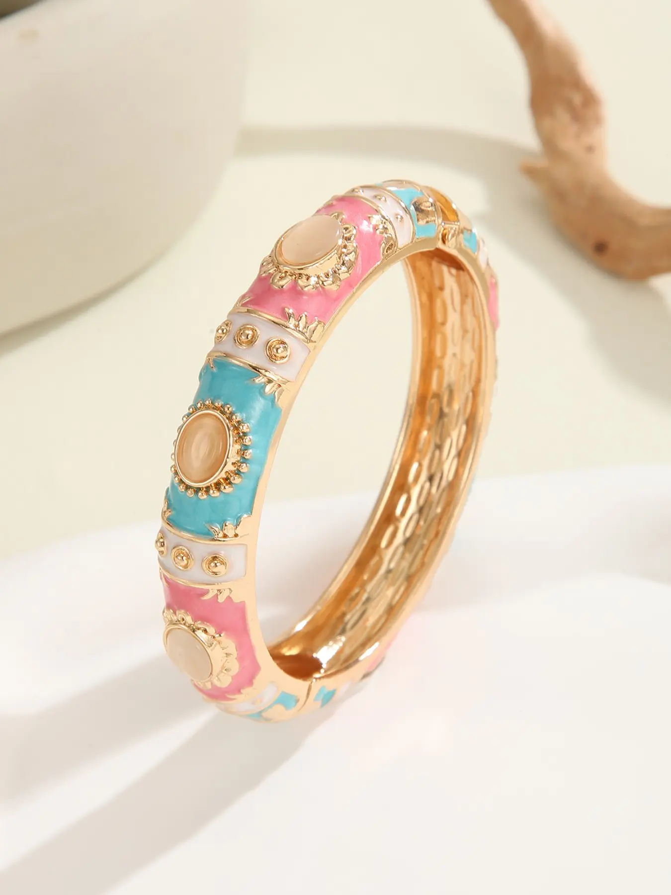 Vintage Cloisonne Enamel Opal Bangle Bracelet for Women, Gold Plated Cabochon Cat Eye Stone Hinged Cuff Bracelet, Chunky Bohemian Sunburst Palace Jewelry, Luxury Wristband Gift for Anniversary Birthday Party