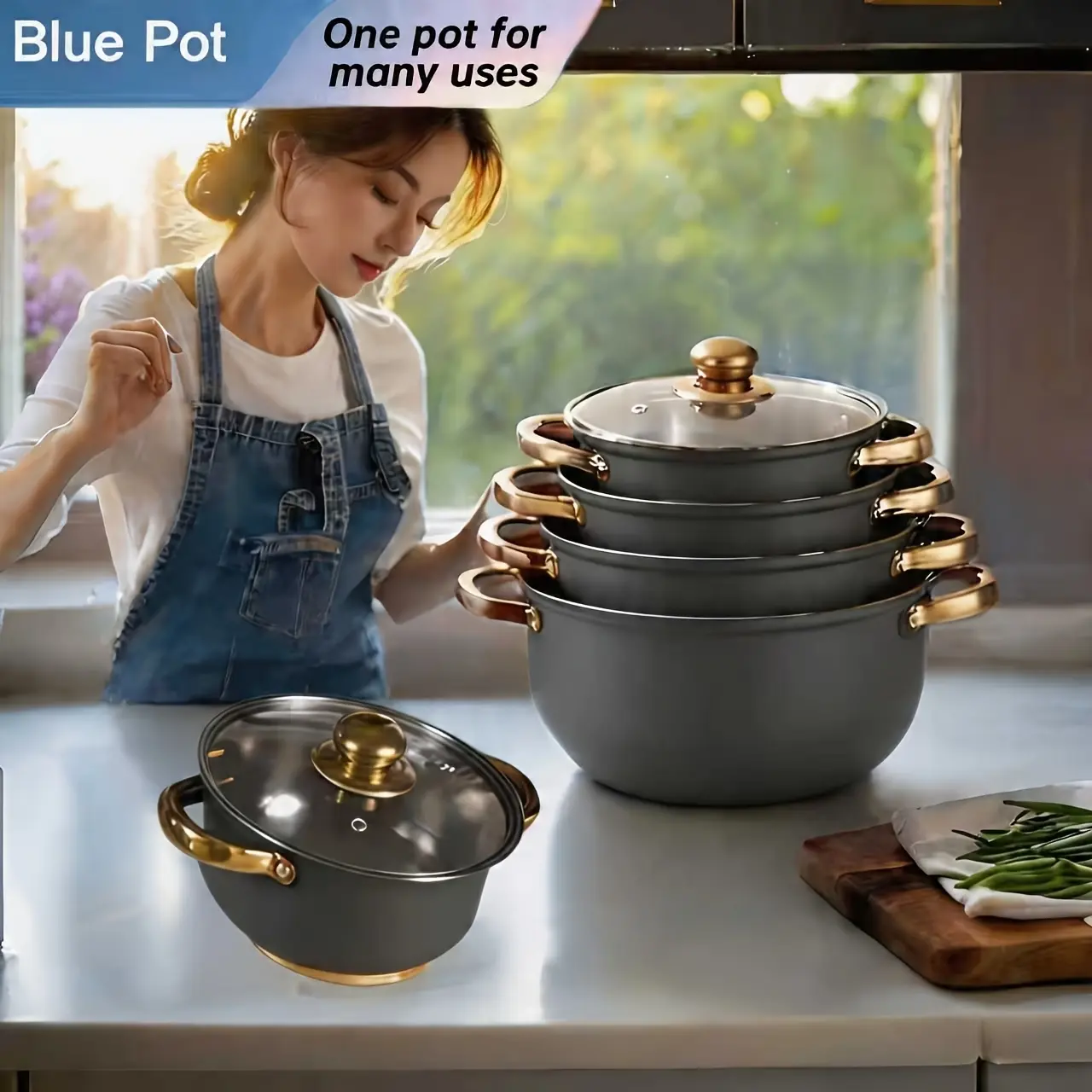 5 pots with 5 lids, stainless steel cookware set, suitable for outdoor, dorm and camping | Compatible with all stove types, camping cookware, portable cookware set, outdoor cooking, cooking cookware set, multi-function cookware