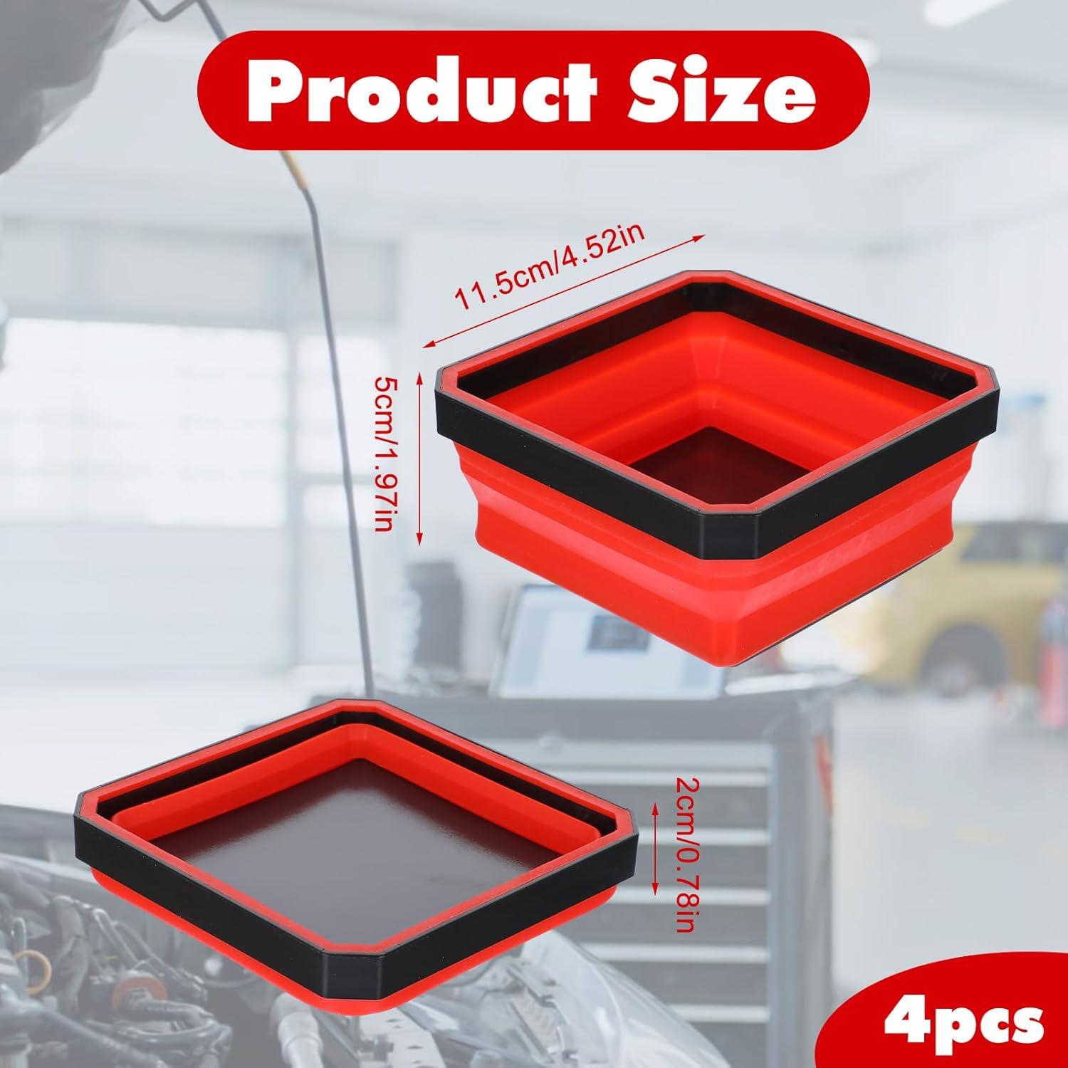 Upgrade Collapsible Magnetic Parts Tray Set, Foldable Magnetic Tool, 4.25 inch Square Silicone Bowls with Magnetic Base Stores and Organizes Small Parts and Tools