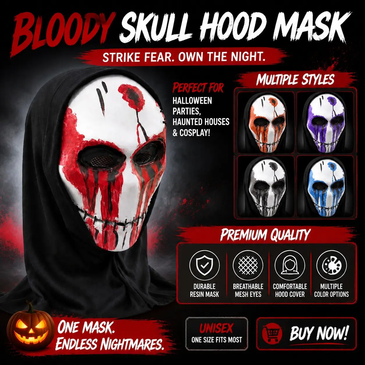 Halloween Horror Bloody Skull Hooded Mask, Devil Face Full Face Headgear, Shocking Bone Cosplay Prop, Perfect for Halloween Party, Costume Ball, Carnival, Birthday, Christmas Gift