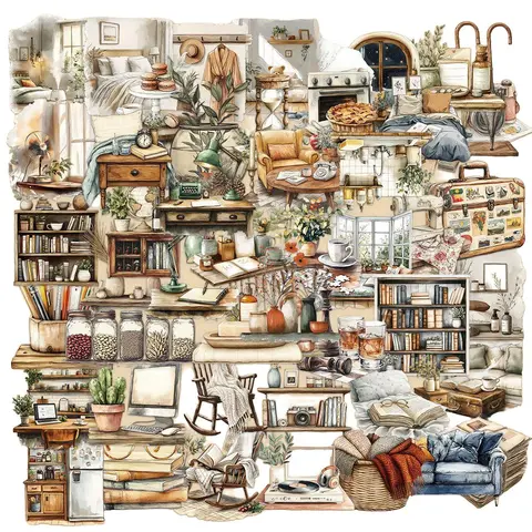 50Pcs Retro Furniture PET Stickers, Sticker Packs, transparent art decals, Decorative Stickers with uplifting designs, Positive Stickers for daily decor and gifts. #VintageStickers #PETStickers #TransparentStickers #FaithStickers #DIYDecor