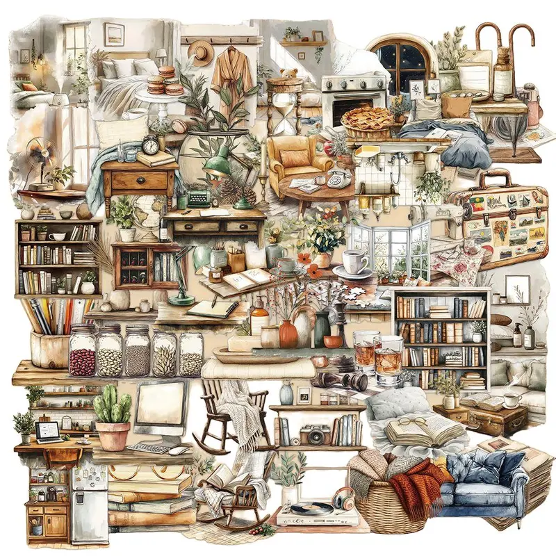 50Pcs Retro Furniture PET Stickers, Sticker Packs, transparent art decals, Decorative Stickers with uplifting designs, Positive Stickers for daily decor and gifts. #VintageStickers #PETStickers #TransparentStickers #FaithStickers #DIYDecor