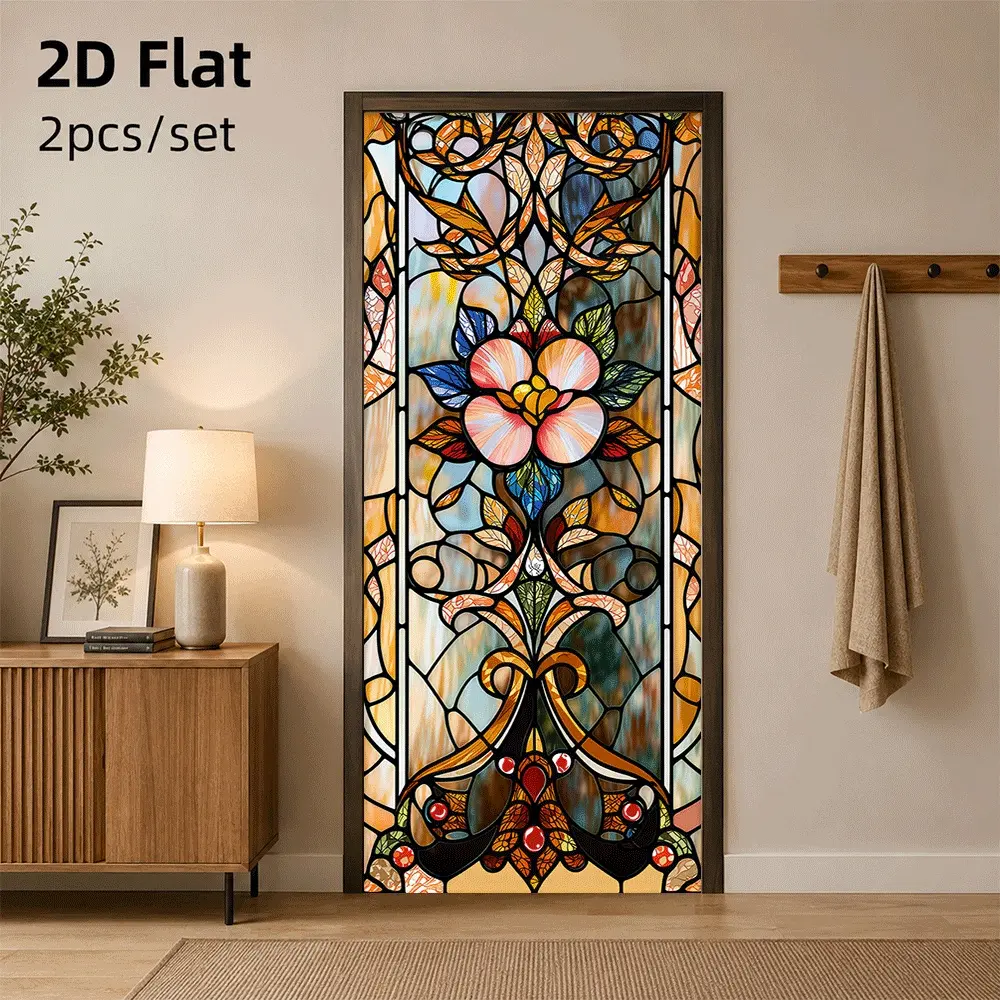 1pc Vintage Stained Glass Floral Door Sticker, European Art Decor, Self-Adhesive Waterproof Removable Decal for Doors and Windows, 2D Flat