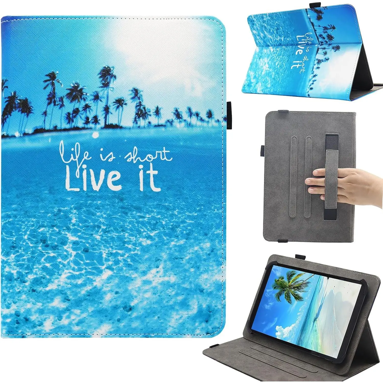 Modern PU Leather-Rubber Tablet Cover with Holder, Multi-Angle Stand & Hand Strap for 9.5-11 in Android/Kindle Fire Tablets (10 in, 10.1 in) - Beach-Ready Protection Accessory
