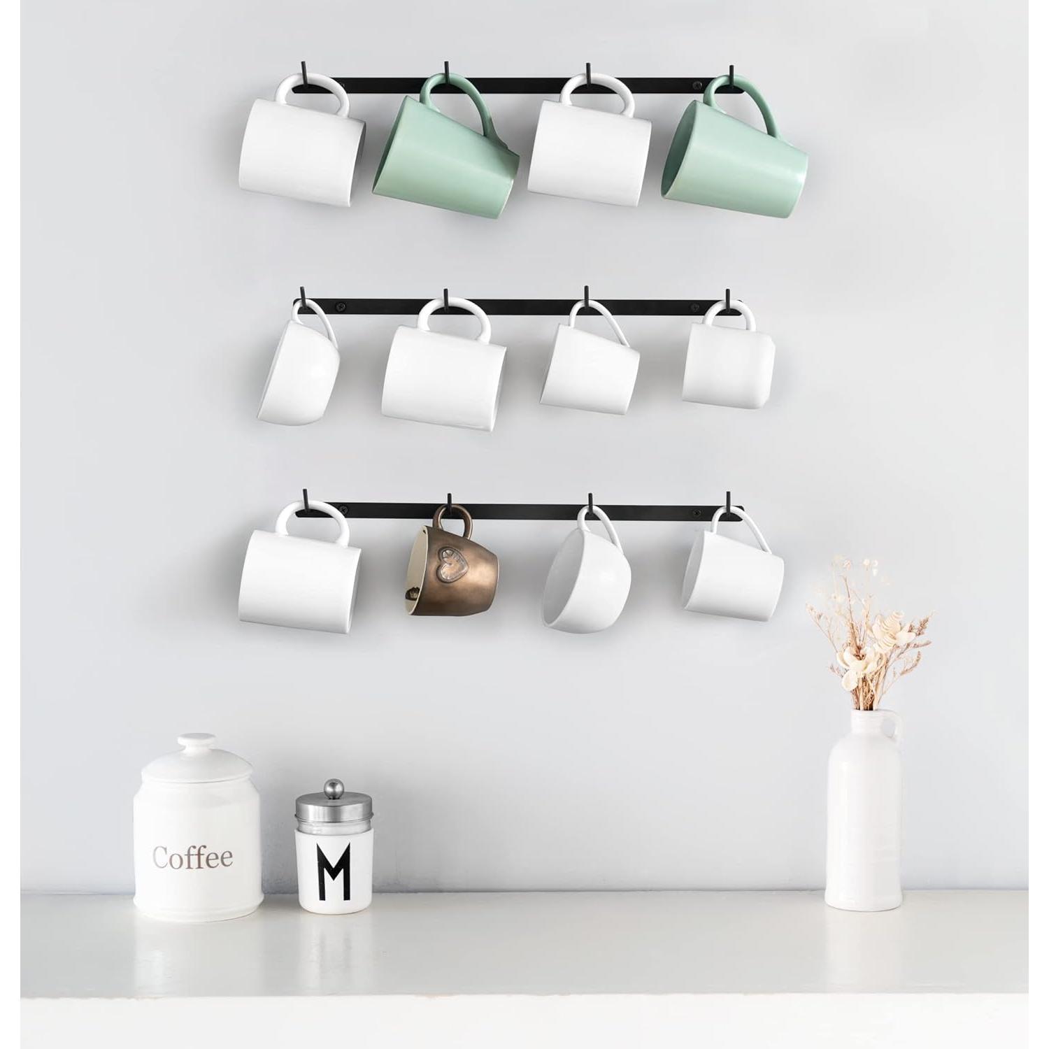 THE WELL KEPT Metal Coffee Mug Rack Wall Mounted with 12 Hooks, Set of 3, Mug Display Rack Cup Holder Storage for Kitchen Dining Room Coffee Bar, Black THE WELL KEPT Metal Coffee Mug Rack Wall Mounted with 12 Hooks, Set of 3, Mug Display Rack Cup Holder Storage for Kitchen Dining Room Coffee Bar, Black