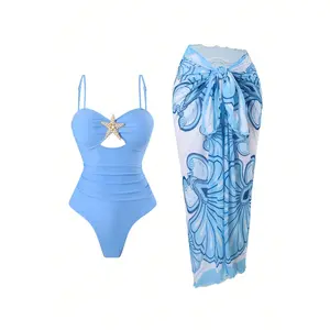 Rhinestone Star Cutout One Piece Swimsuit With Shell Print Wrap Skirt Cover Up 2Pcs Set 2 Piece Beach Outfit Rhinestone Cutout One Piece Bathing Suit + Printed Wrap Sarong