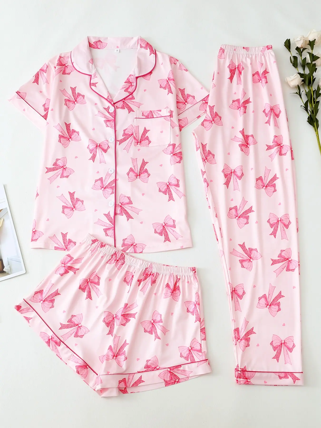 3-Piece Women's Butterfly Print Pajama Set, Short Sleeve + Shorts + Long Pants, Soft Comfortable Home Wear, Loungewear, Casual Style, All Seasons