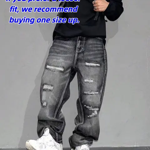 Men's Vintage Wash Scratch Classic Straight Leg Denim Slouchy Jeans, Korean Style Oversized Baggy Loose Fit Casual Wide Leg Pants, All Seasons Fashion Streetwear, Trouser, Vintage Inspired Jeans