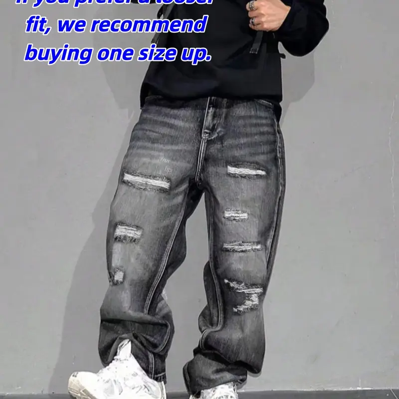 Men's Vintage Wash Scratch Classic Straight Leg Denim Slouchy Jeans, Korean Style Oversized Baggy Loose Fit Casual Wide Leg Pants, All Seasons Fashion Streetwear, Trouser, Vintage Inspired Jeans