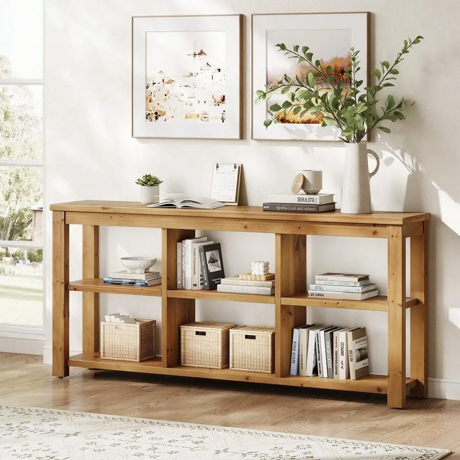 Solid Wood Horizontal Bookcase With Adjustable Shelves, 6 Cubes Storage Organizer Long Bookshelf, Farmhouse Low Cubby Bookcase Living Room, Home Office, 63 Inches