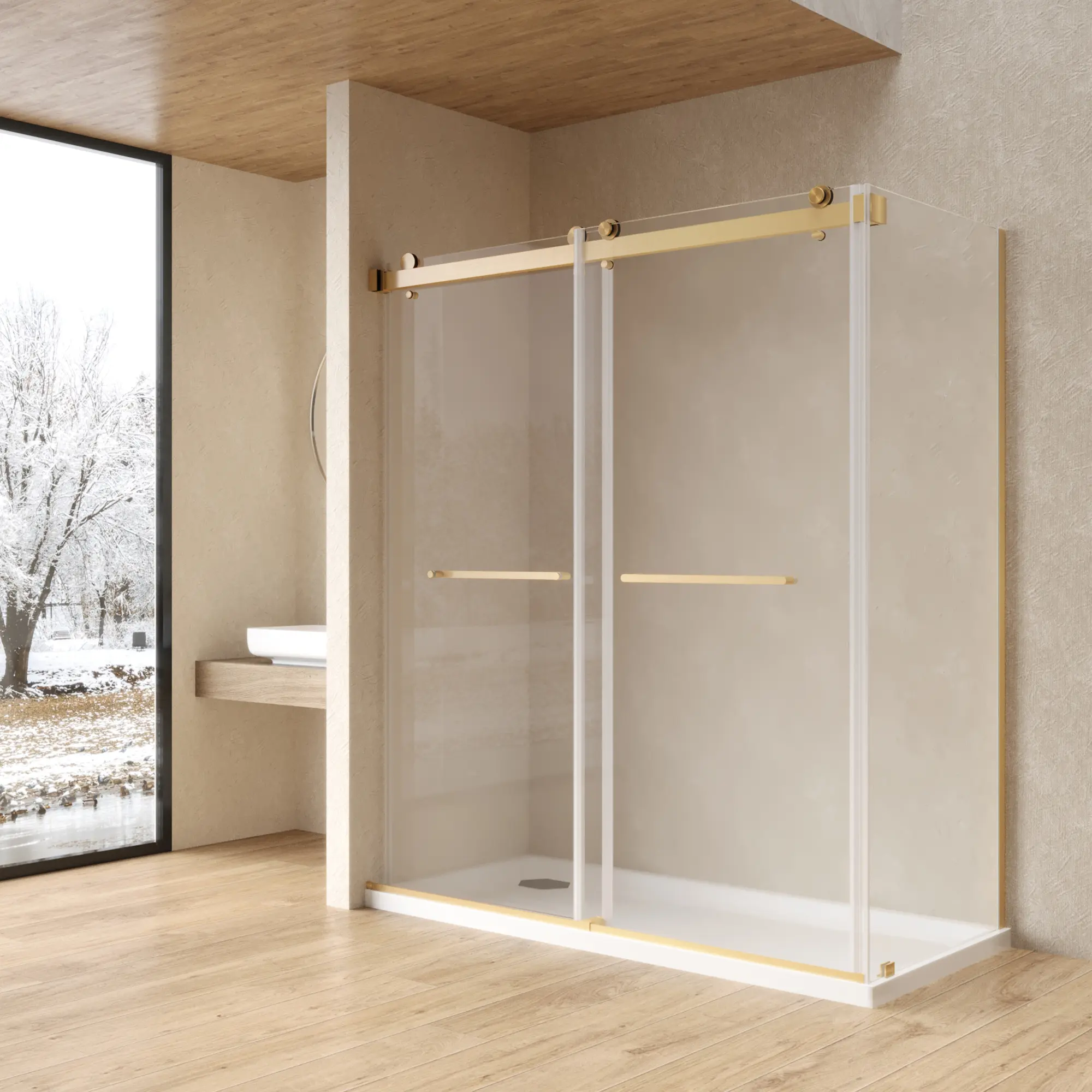 Nokaa L-Shaped Double Sliding Door with 8mm Tempered Glass, Stainless Steel Handles, Square Guide Rails, Brushed Gold Finish, Modern Interior Barn Door for Living Room, Bedroom, Closet, Pantry, Office Partition, Smooth Gliding Track System