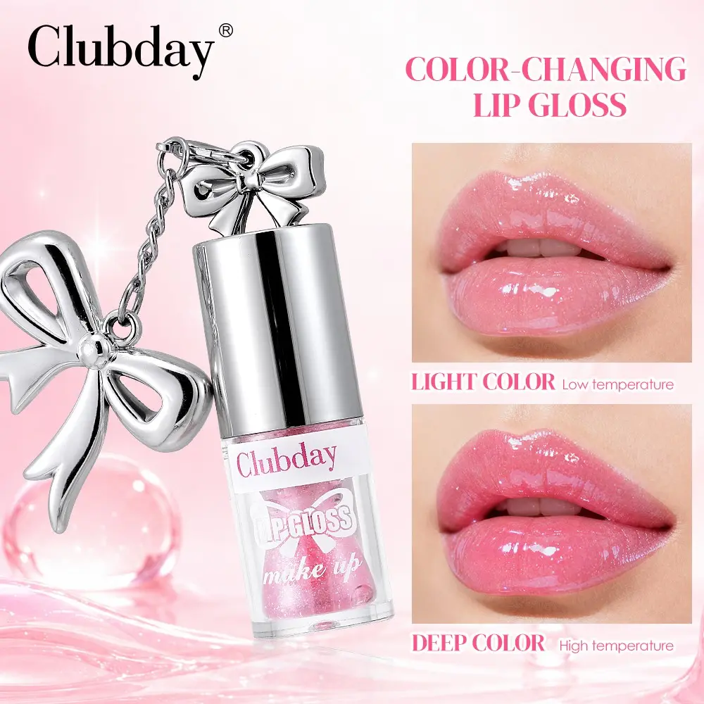 Cute Bow Pendant Color Shift Lip Gloss, Hydrating Lip Glaze, Moisturizing Sparkly Clear Dewy Lip Plumper, Temperature Activated Changing Lip Shine, Travel Daily Lip Cosmetics