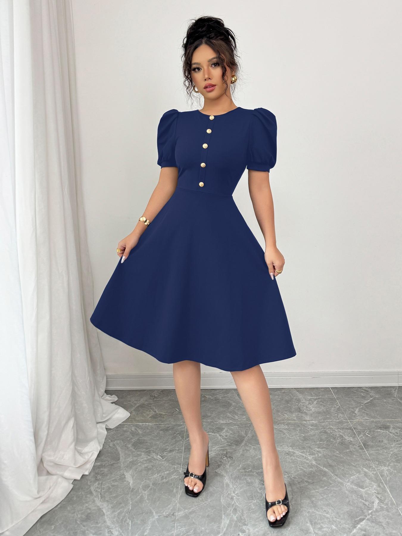 Women's Plain Button Decor Elegant Dress, Elegant Fashion Casual Dress for Daily Outdoor Wear, Women Dress for Summer, Womenswear