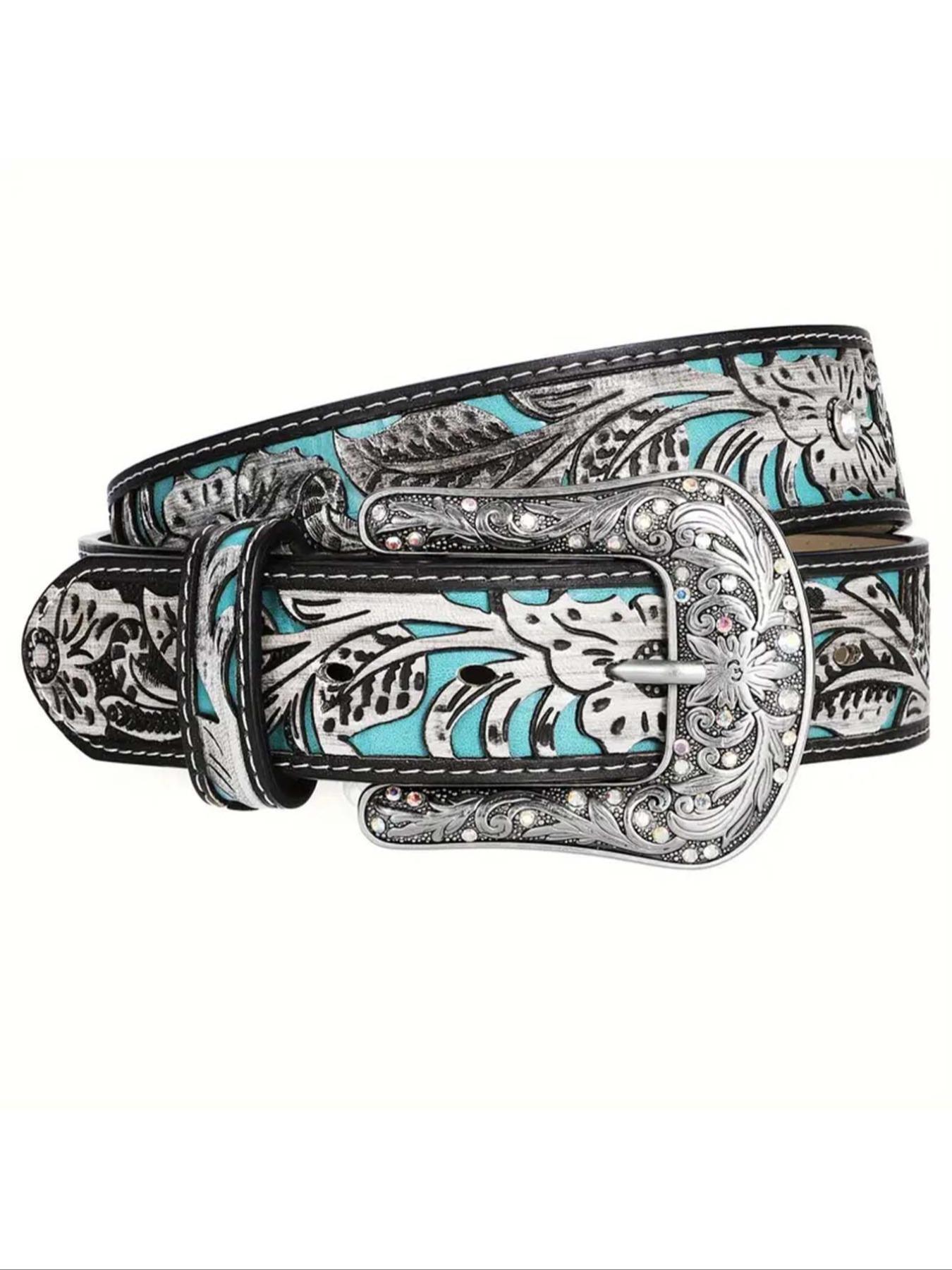 Boho Style Leaf Embossed Vintage Western Cowboy Cowgirl Belt, 2024 New Style Fashionable Adjustable Pu Buckle Belt for Women, Casual Brown Cowgirl Waistband for Jeans Trousers Western Belts