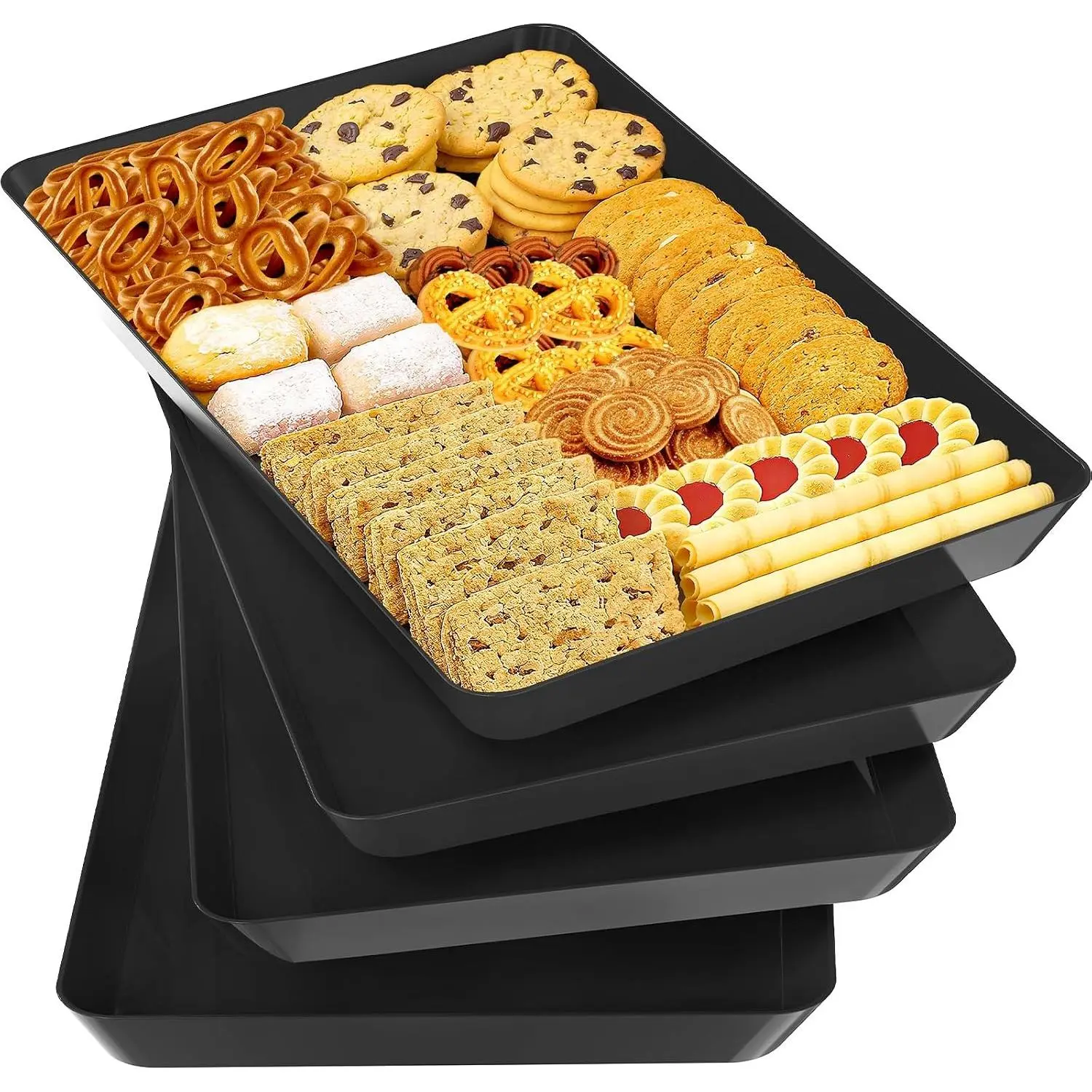 4-Pack Serving Tray Set, Reusable Plastic Platters for Parties, Entertaining, Grilling, Stackable Kitchen Snack Boxes for Desserts, Fruit, Cookies, BlackGift