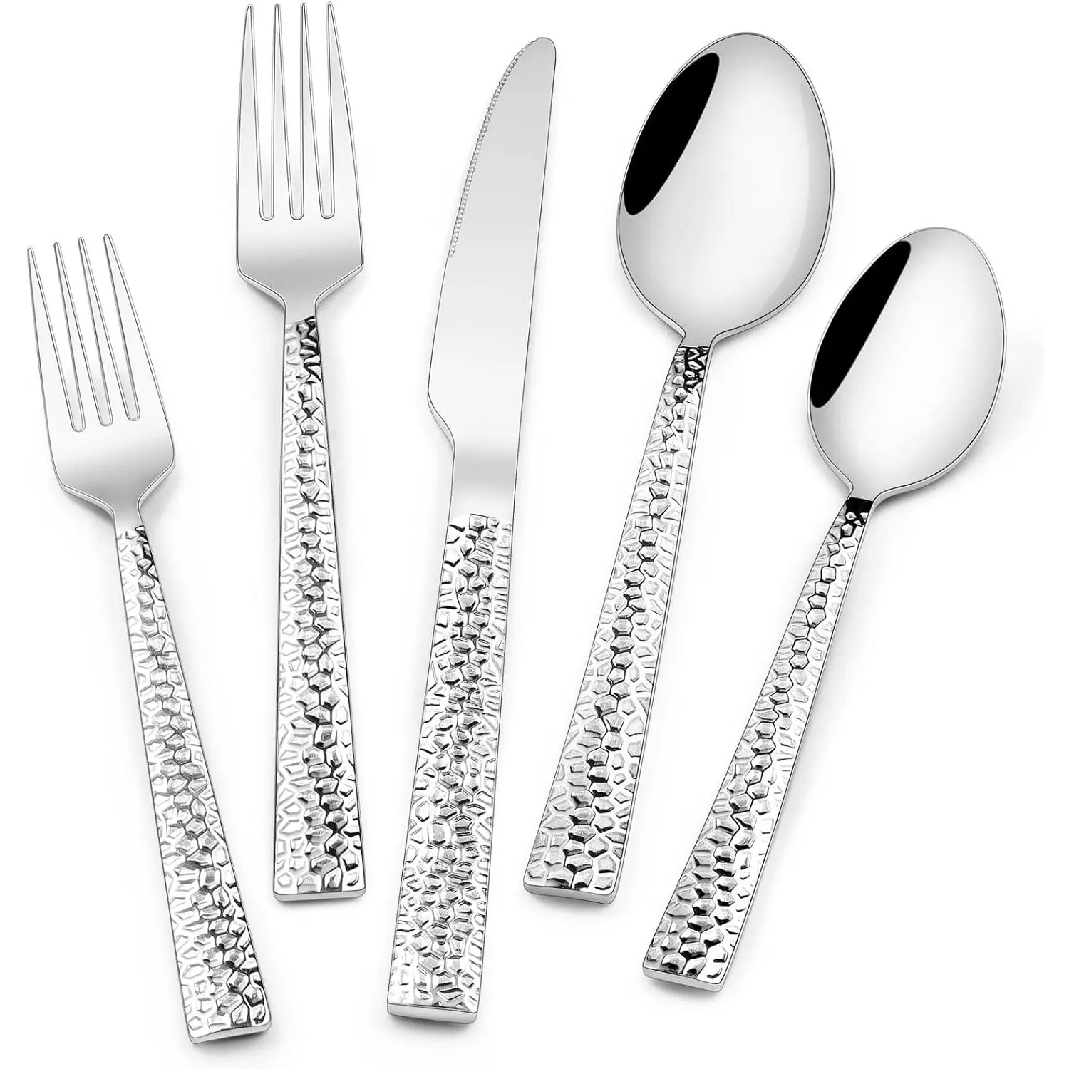 Hammered Silverware Set, 40- Stainless Steel Square Flatware Set for 8, -Grade Tableware Cutlery Set, Utensil Sets for  Restaurant, Mirror Finish, Dishwasher Safe