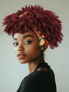 Burgundy Afro Kinky Curly Synthetic Headband Wig African Print Knotted Turban Wig High Temperature Fiber Wig For Women Daily Casual