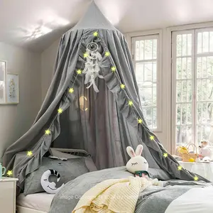 Kids Bed, Dreamy Frills for Girls Bedroom Soft Ceiling Decoration Net Reading Nook, Large Full Size Bed Canopies with Light - Grey