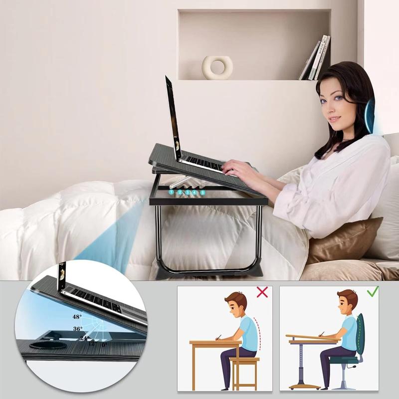 Adjustable Laptop Desk for Bed or Couch, Foldable Lap Desk with Cup Holder, Portable Writing & Work Table, Small Black Bed Tray Table